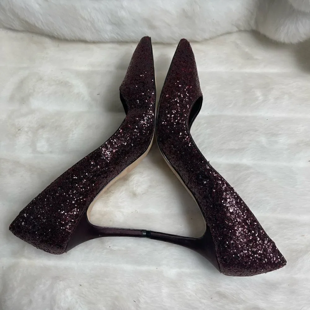 White House Black Market Burgundy wine glitter Satin heels pointed toe Size9.5M